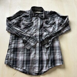 Vintage Bit & Bridle Mens Large Gray Plaid Long Sleeve Pearl Snap Western Top